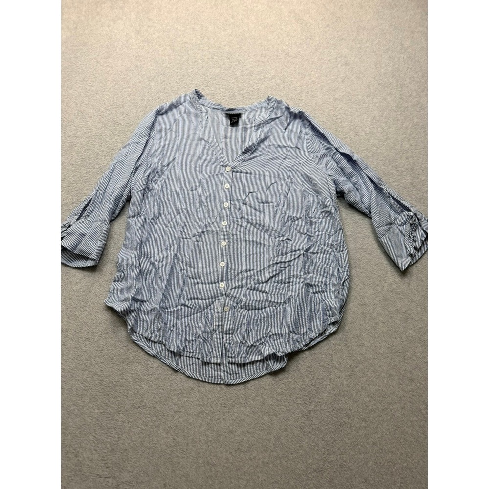Torrid Harper Blouse Blue White Striped Button Front V-Neck 3/4 Sleeve Top 2X